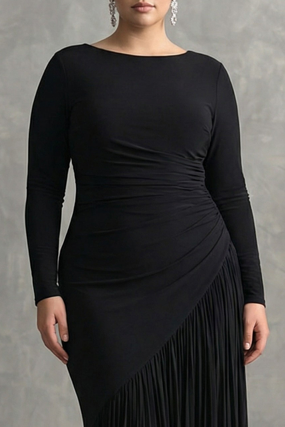 Black Crepe Chiffon Mermaid Pleated Plus Size Formal Dress with Ruffles