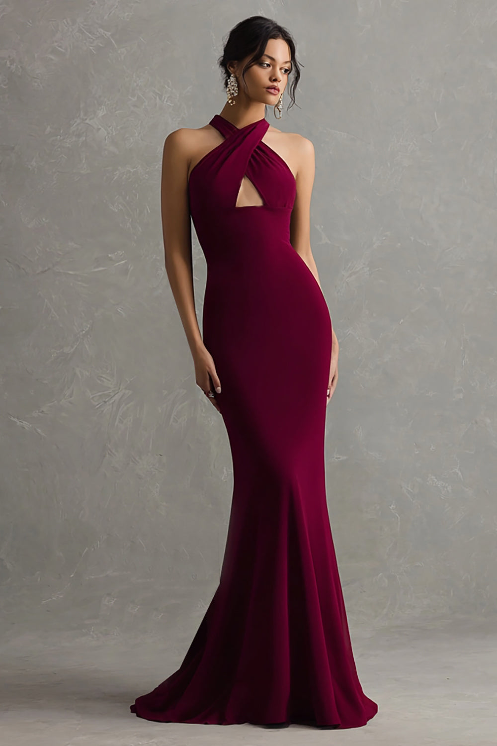 Robe de Soirée Longue Sirène en Crêpe Halter Rouge Bourgogne