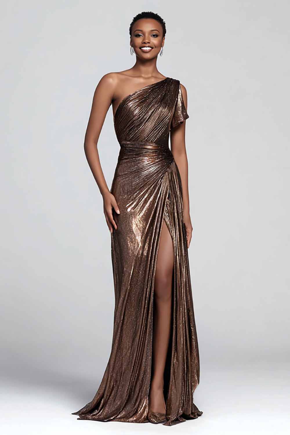 Robe de soirée longue fourreau marron métallisé asymétrique à une épaule