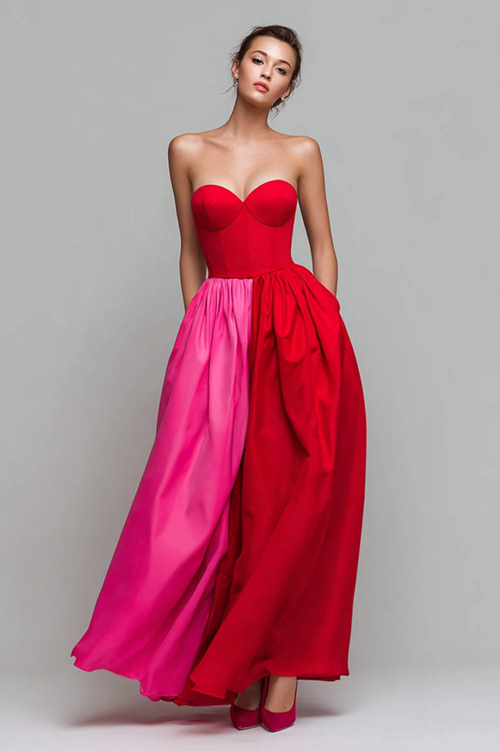 Red and Fuchsia Strapless A Line Formal Dress