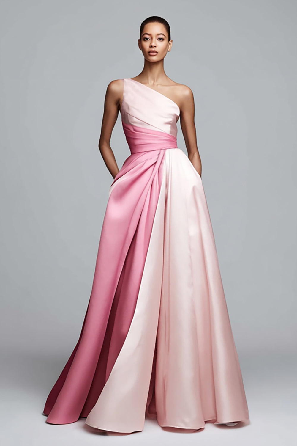 Robe de soirée rose plissée asymétrique à coupe trapèze
