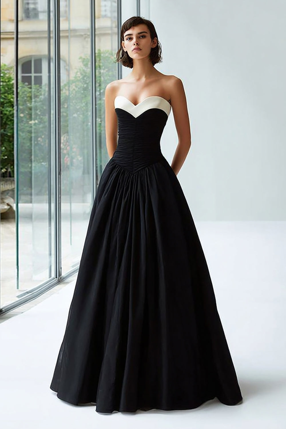 Strapless Black And White A Line Satin Formal Dress