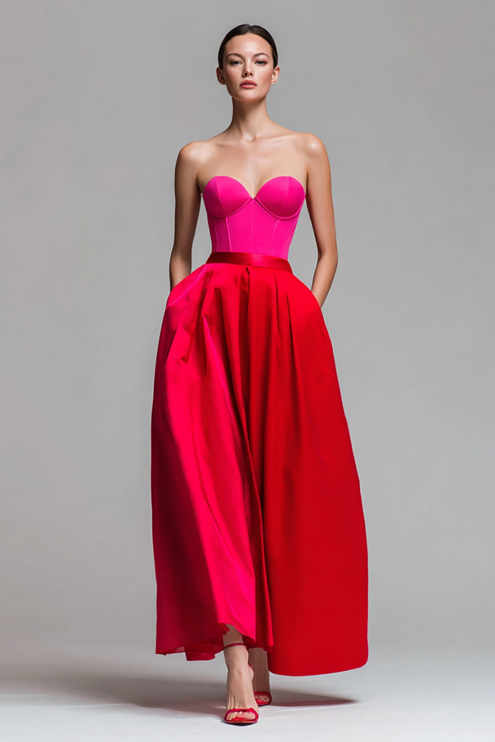 Strapless Red And Fuchsia Corset A Line Formal Dress
