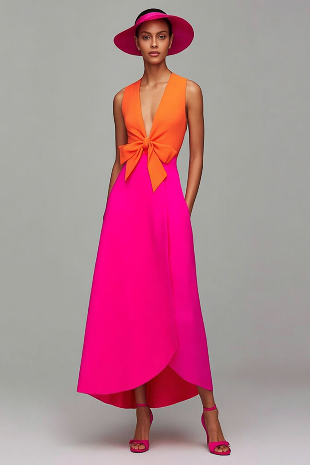 Orange And Fuchsia Colorblock V Neck A Line Formal Dress