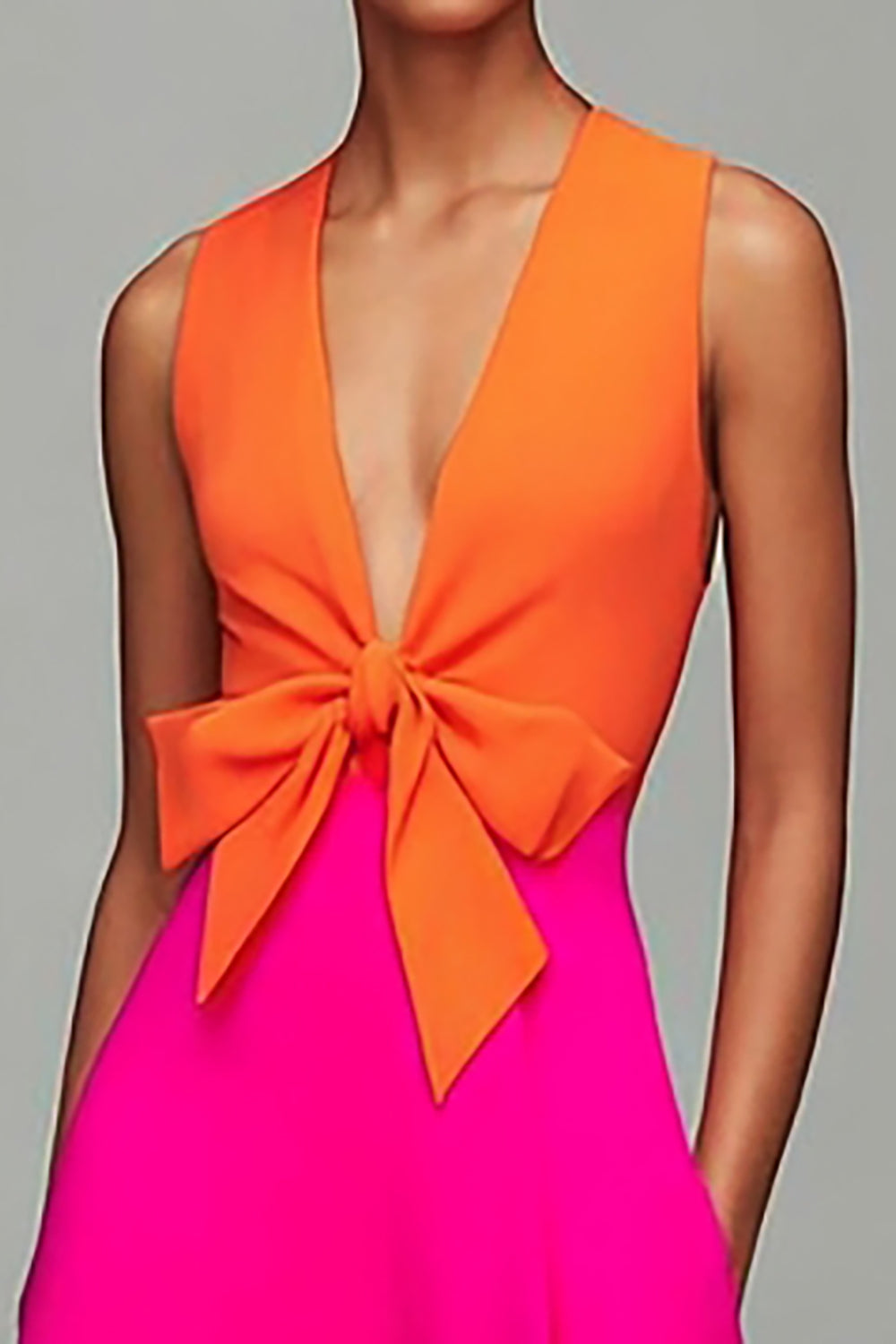 Orange And Fuchsia Colorblock V Neck A Line Formal Dress