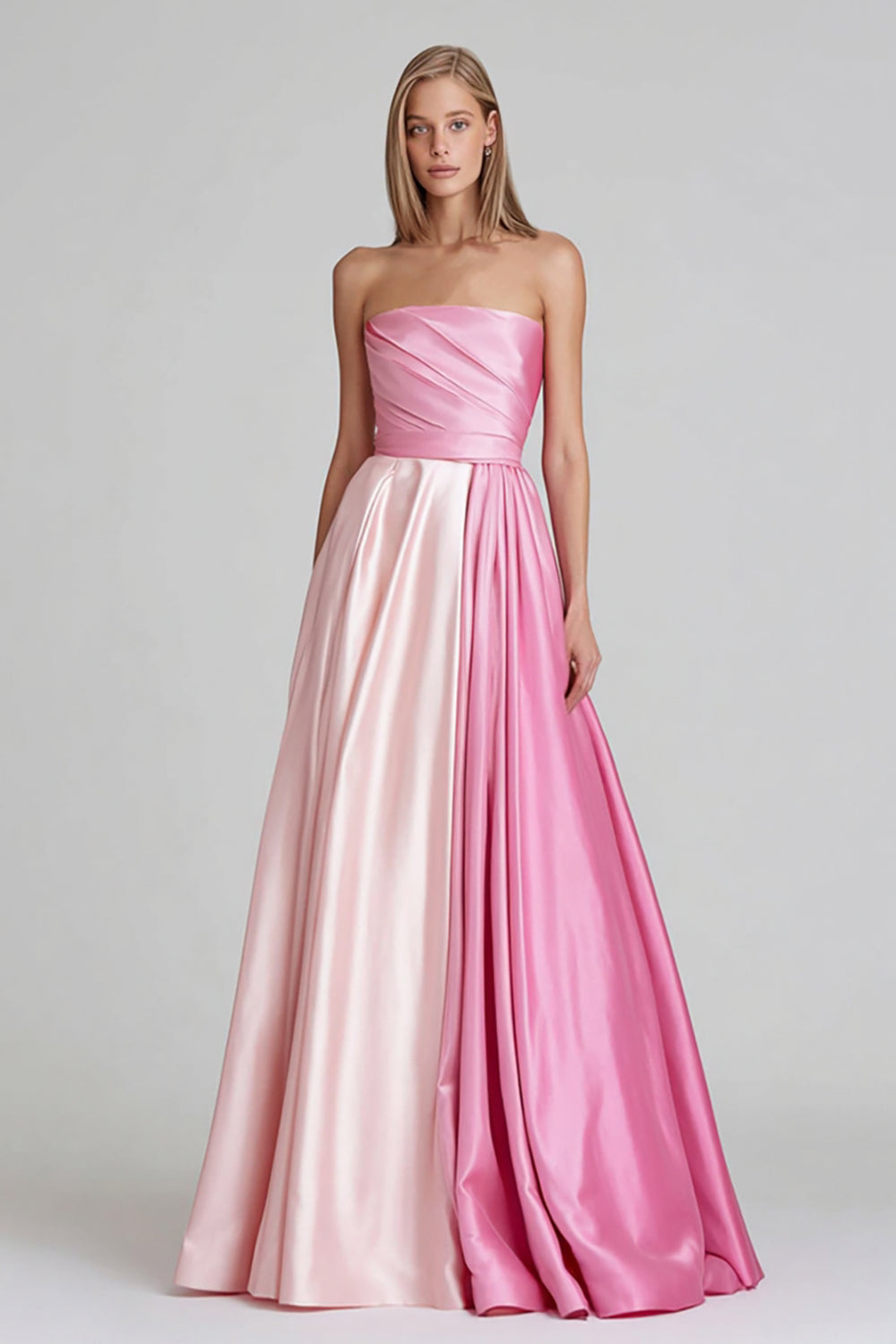 Pink A Line Satin Strapless Patchwork Long Formal Dress