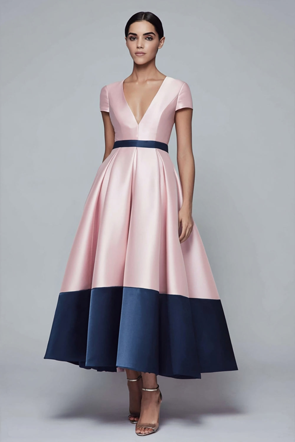 Pink and Navy Satin V-Neck A Line Long Formal Dress with Sleeves