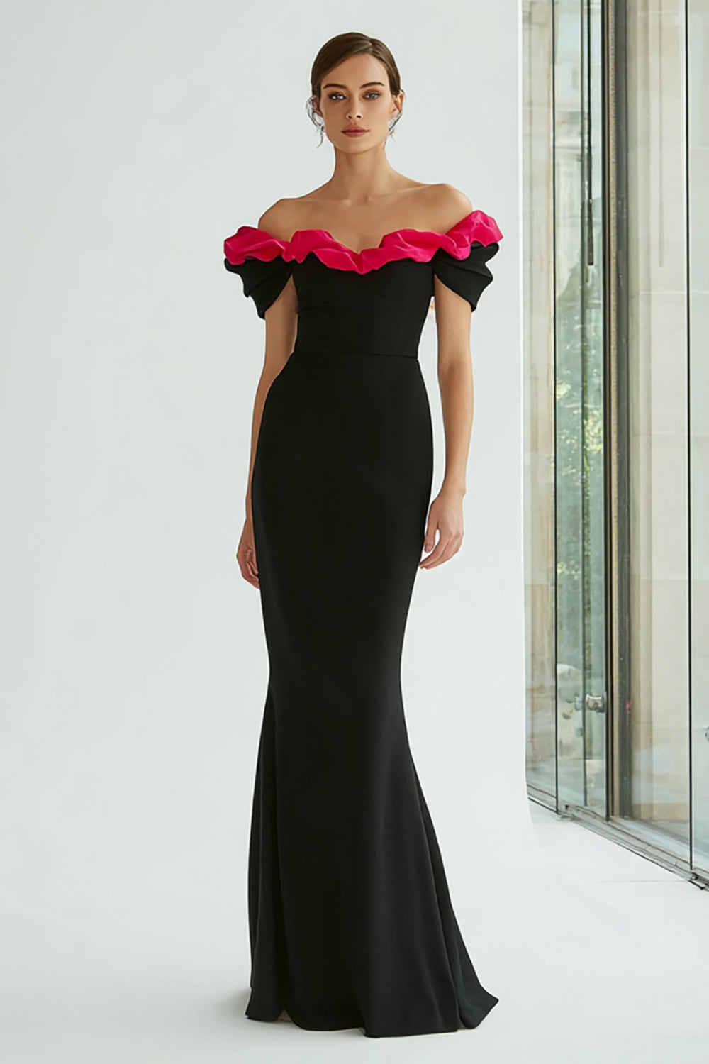Black and Fuchsia Off-the-Shoulder Ruffled Mermaid Long Formal Dress