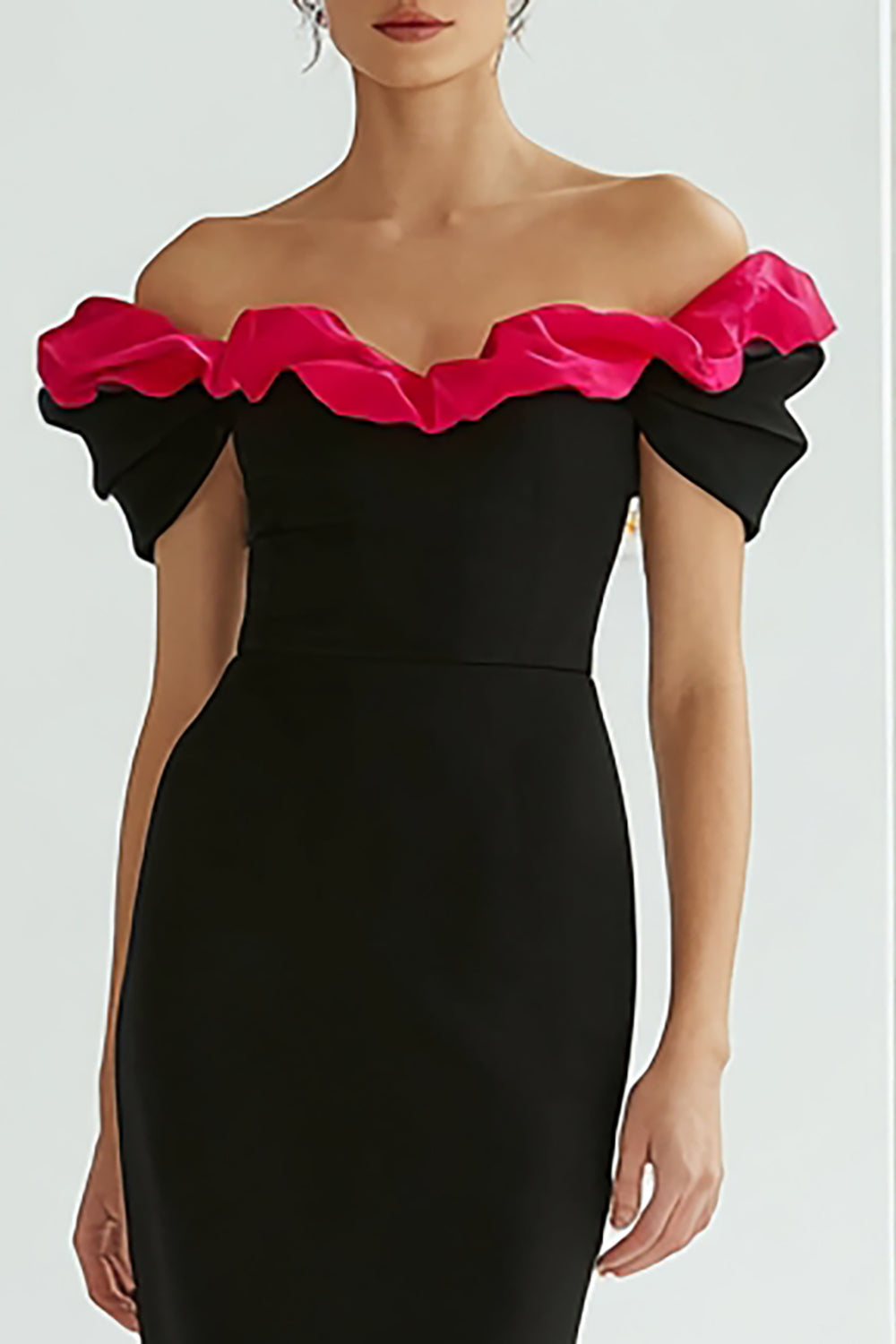 Black and Fuchsia Off-the-Shoulder Ruffled Mermaid Long Formal Dress