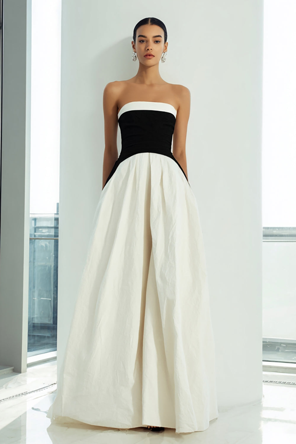 Simple Black and White A-Line Strapless Long Formal Dress