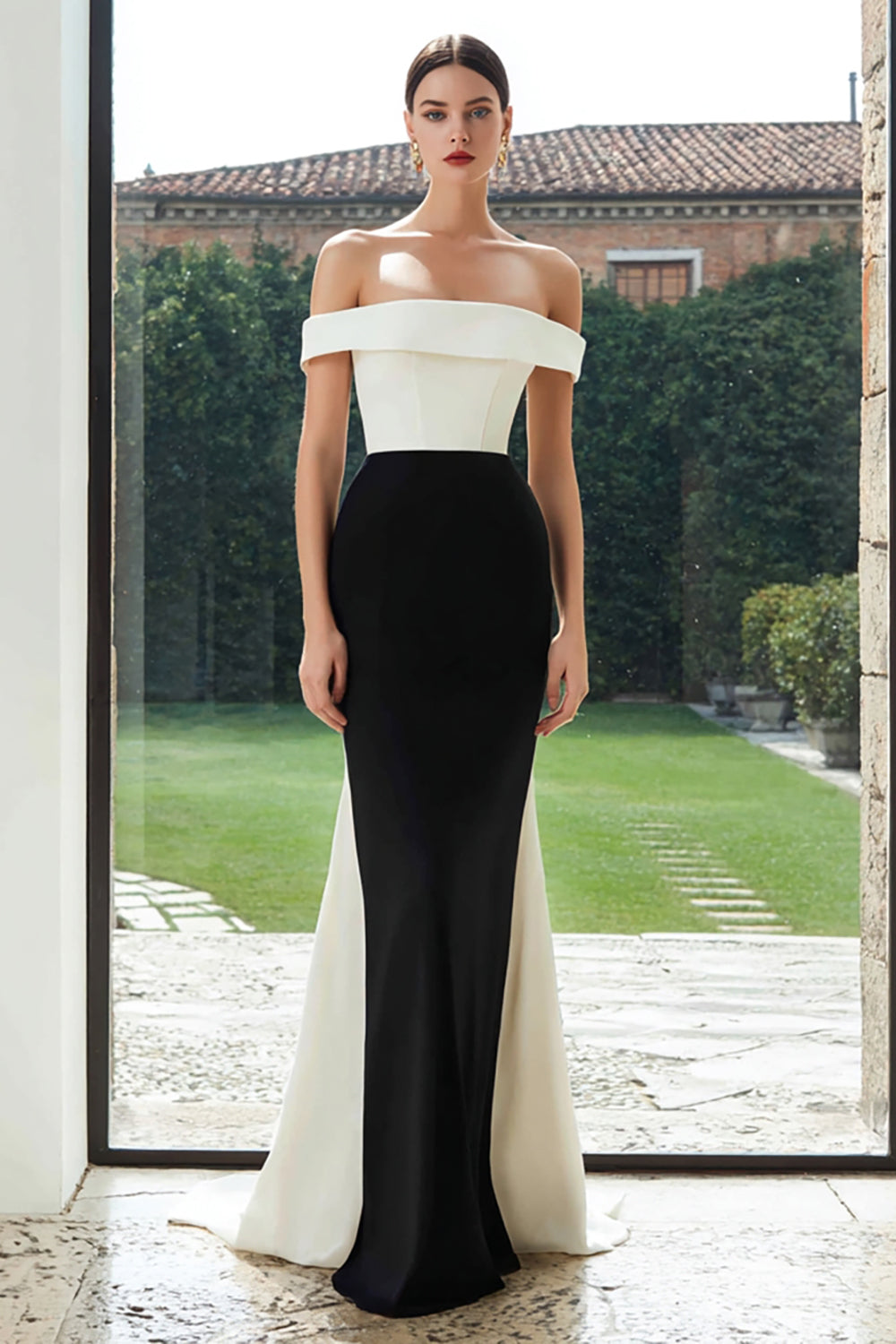 Simple Black and White Patchwork Mermaid Off The Shoulder Long Formal Dress