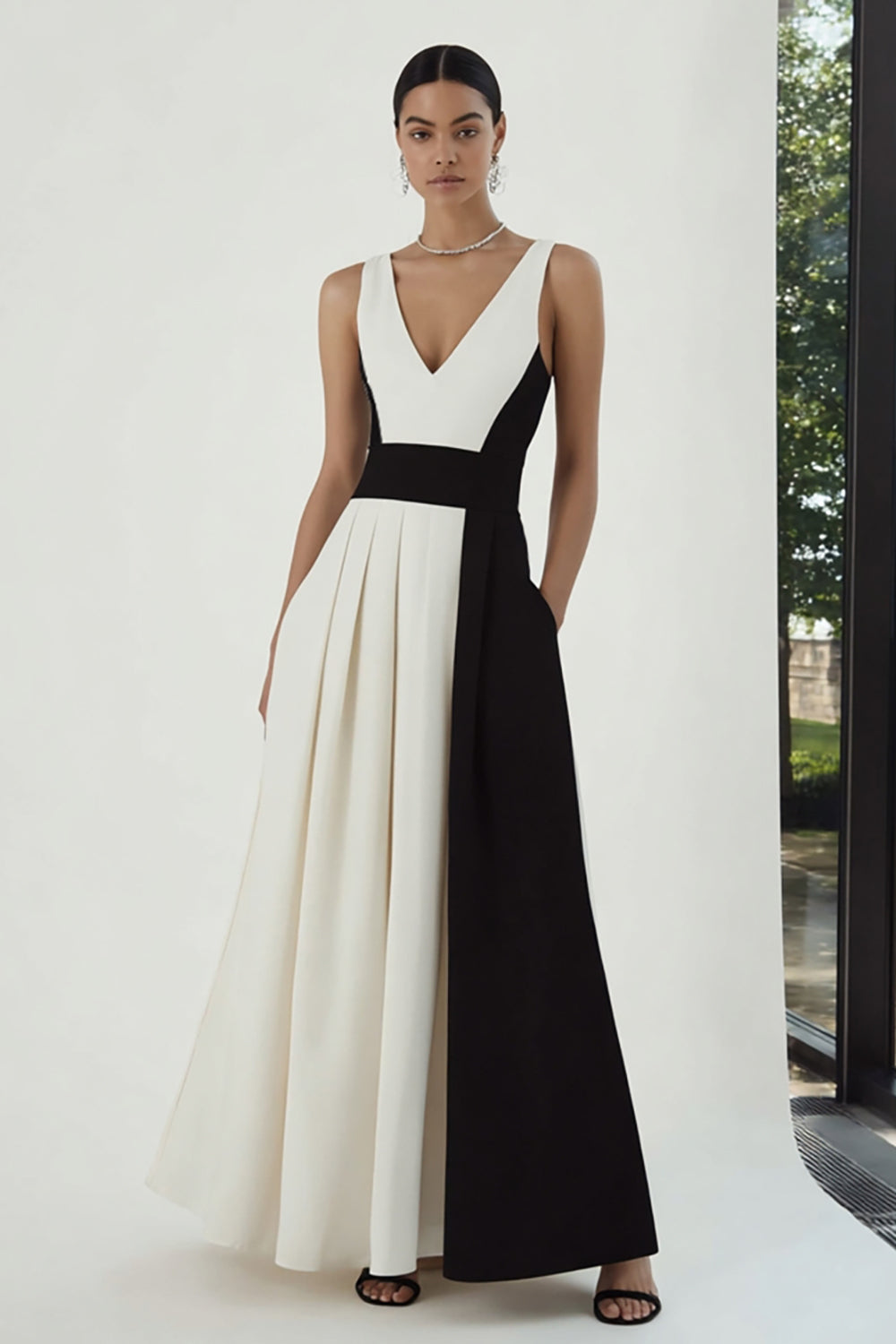 Black and White Patchwork V-Neck A-Line Long Formal Dress with Pockets
