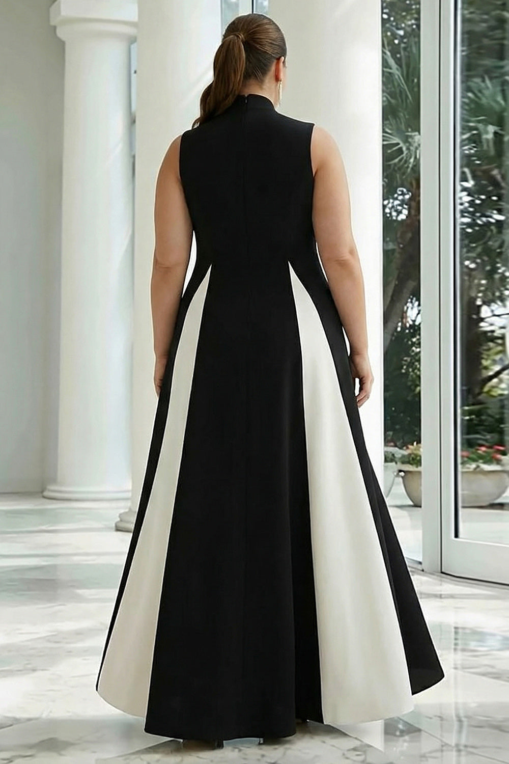 Black and White Plus Size A-Line High Neck Long Formal Dress with Pockets