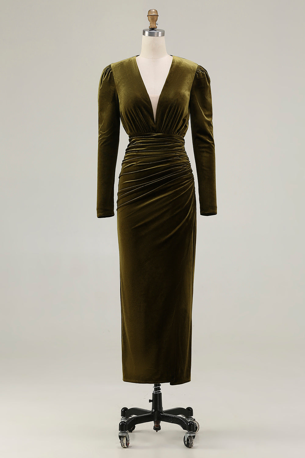 Velvet Sheath Olive V-Neck Ruched Choir Dress with slit