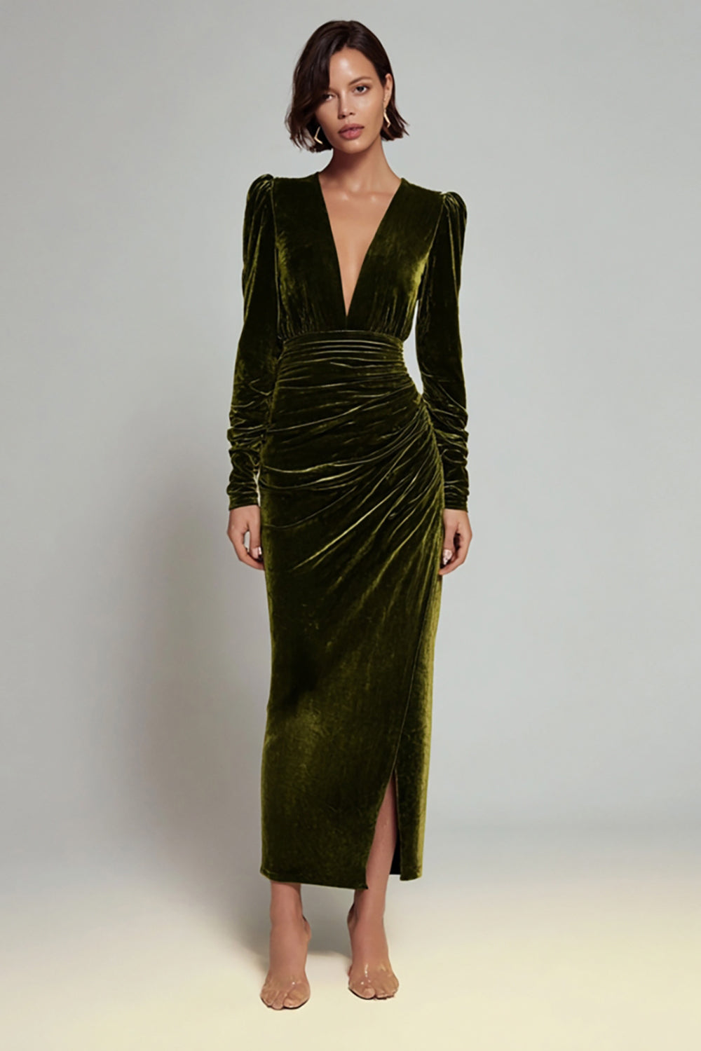Velvet Sheath Olive V-Neck Ruched Choir Dress with slit