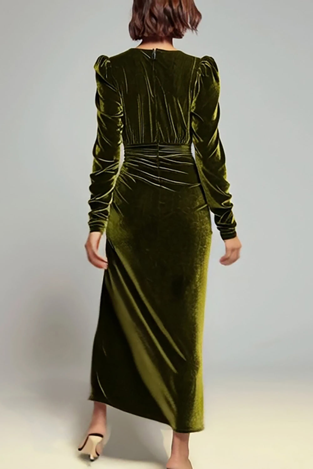 Velvet Sheath Olive V-Neck Ruched Choir Dress with slit