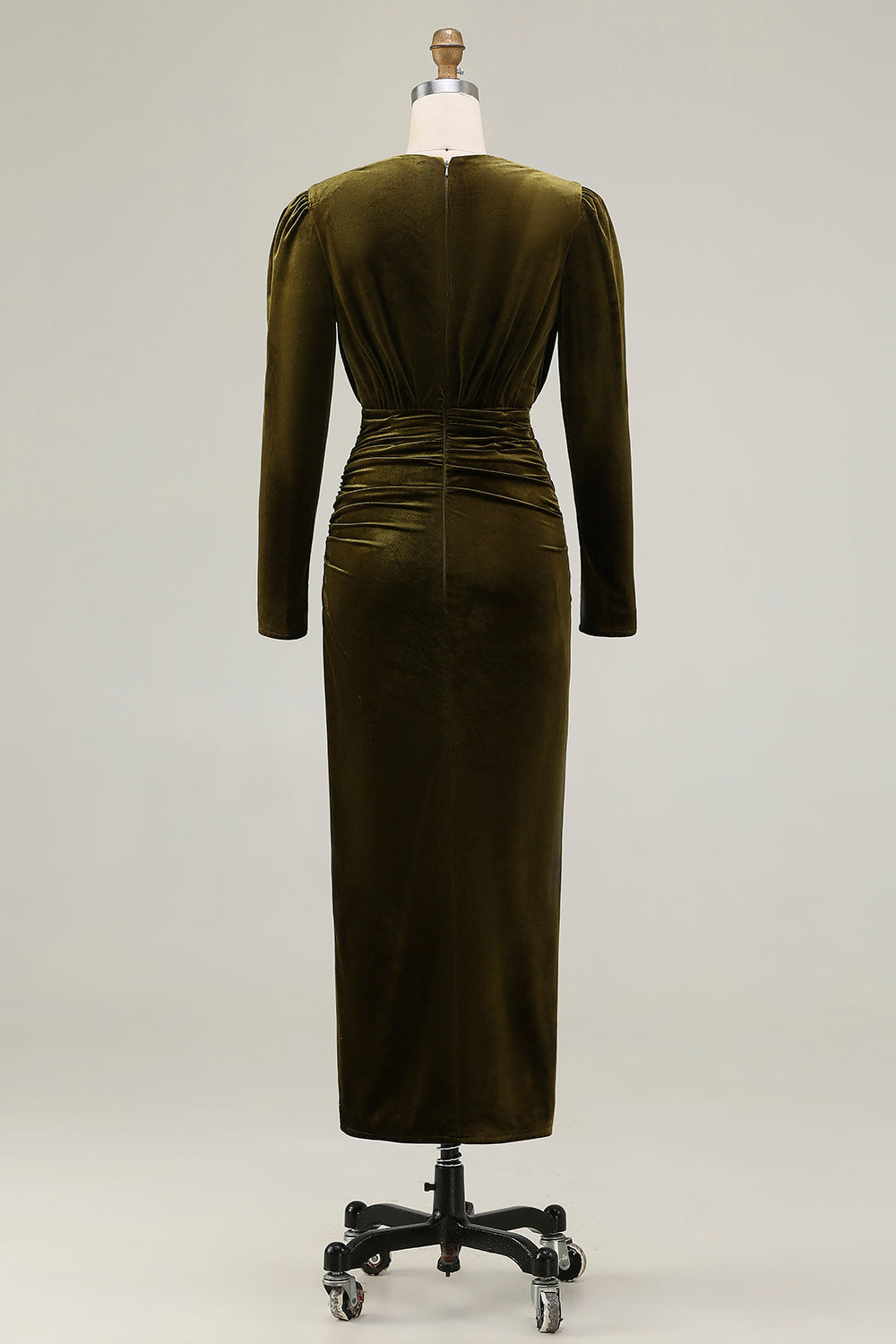 Velvet Sheath Olive V-Neck Ruched Choir Dress with slit