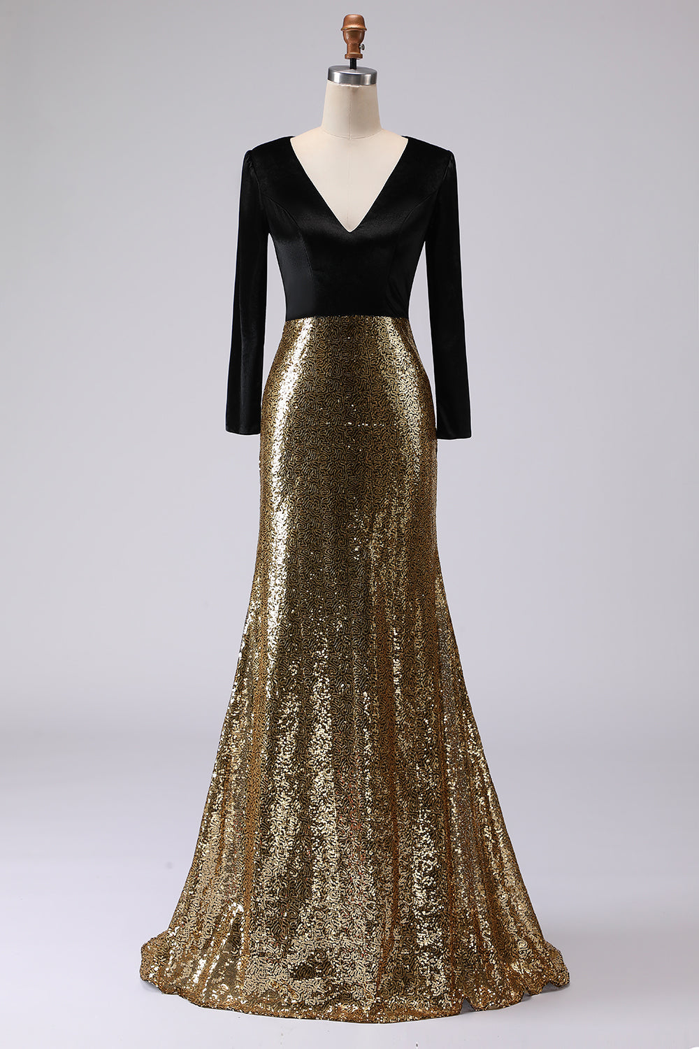 Robe de soirée longue fourreau noire et or étincelante à col en V avec manches