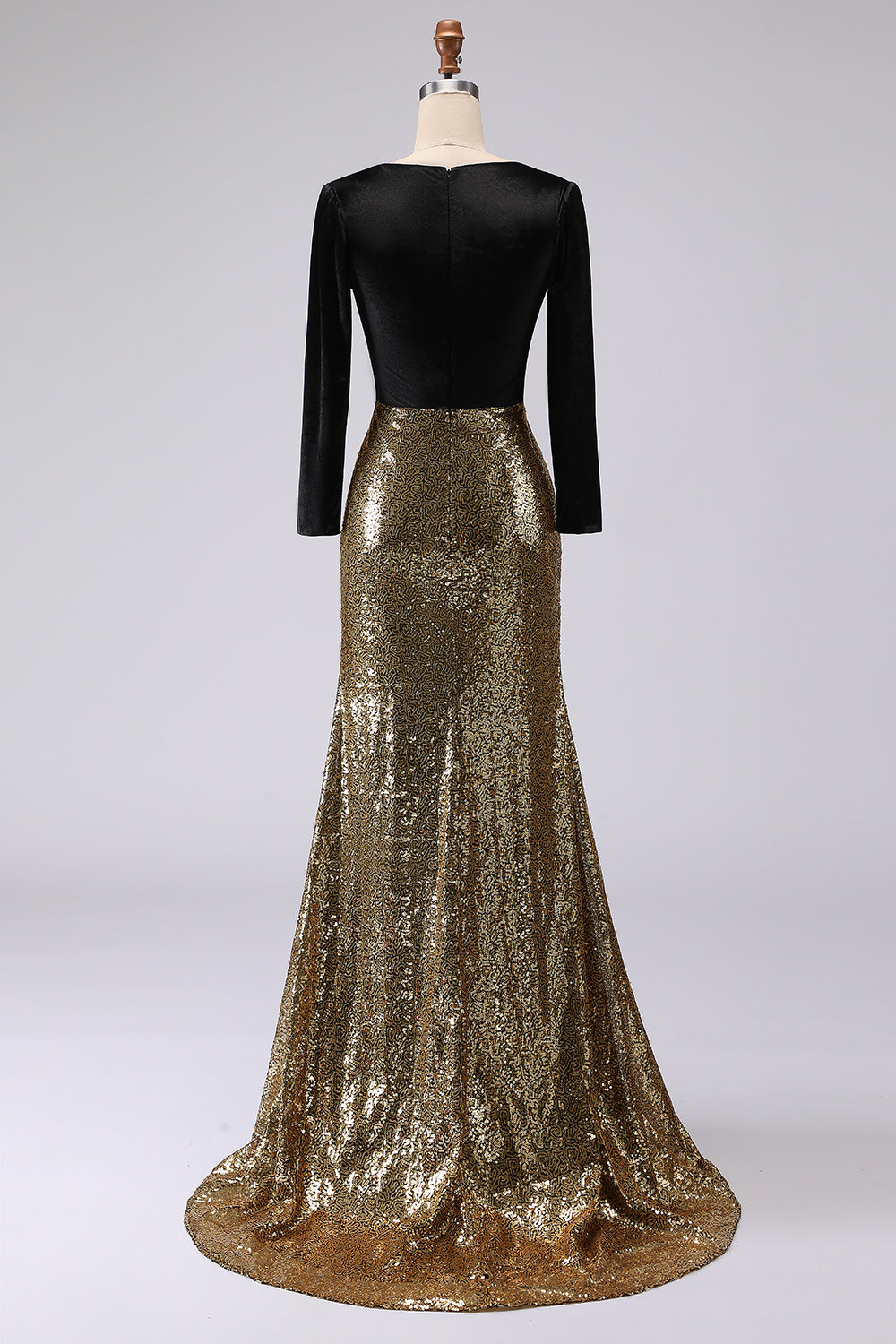 Robe de soirée longue fourreau noire et or étincelante à col en V avec manches
