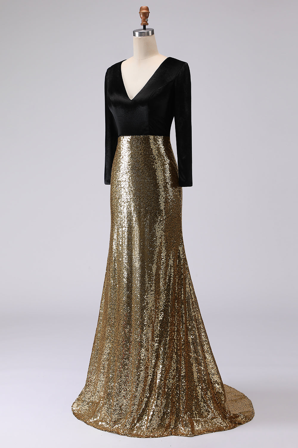 Robe de soirée longue fourreau noire et or étincelante à col en V avec manches