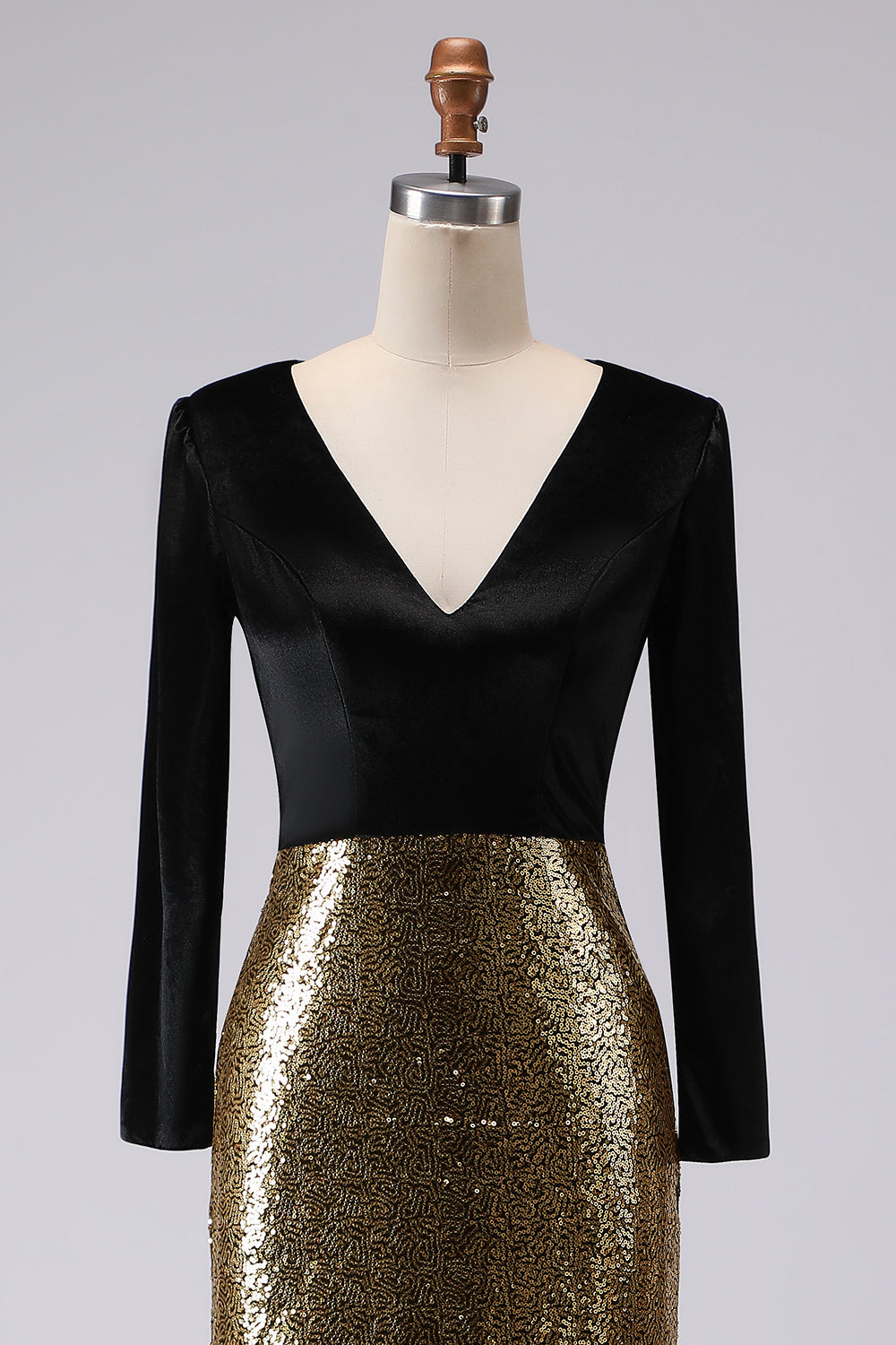 Robe de soirée longue fourreau noire et or étincelante à col en V avec manches
