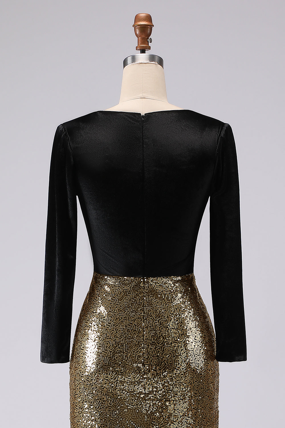 Robe de soirée longue fourreau noire et or étincelante à col en V avec manches