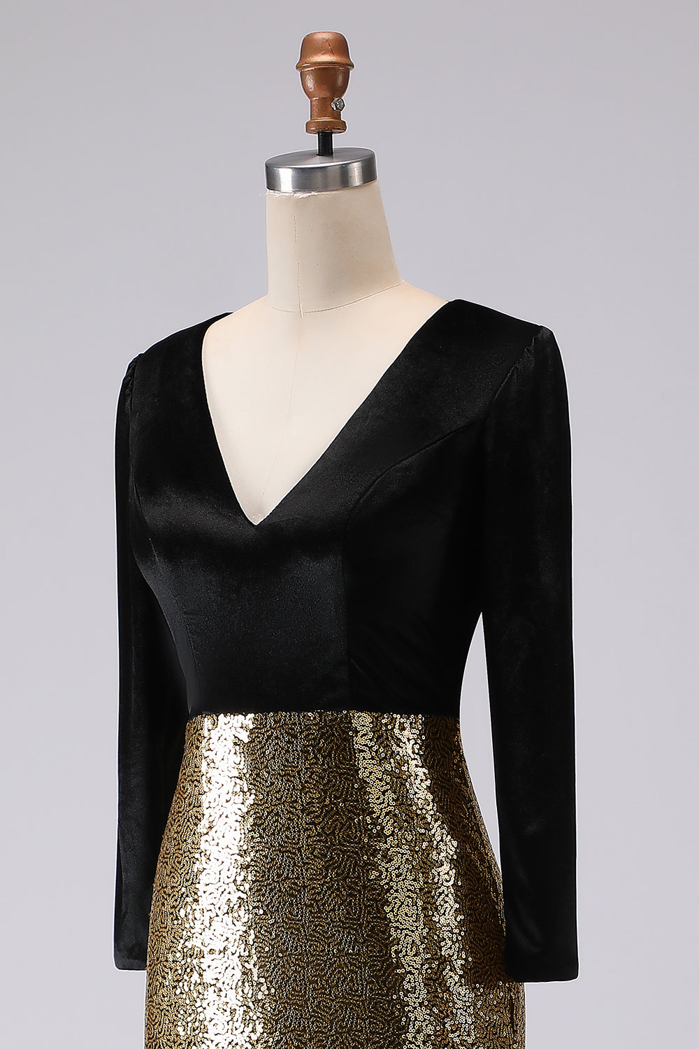 Robe de soirée longue fourreau noire et or étincelante à col en V avec manches