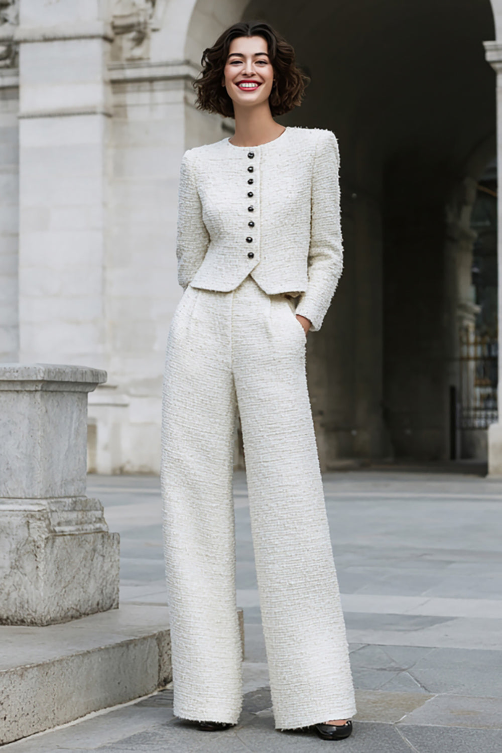 Ivory Tweed Single Breasted 2 Piece Women's Suits