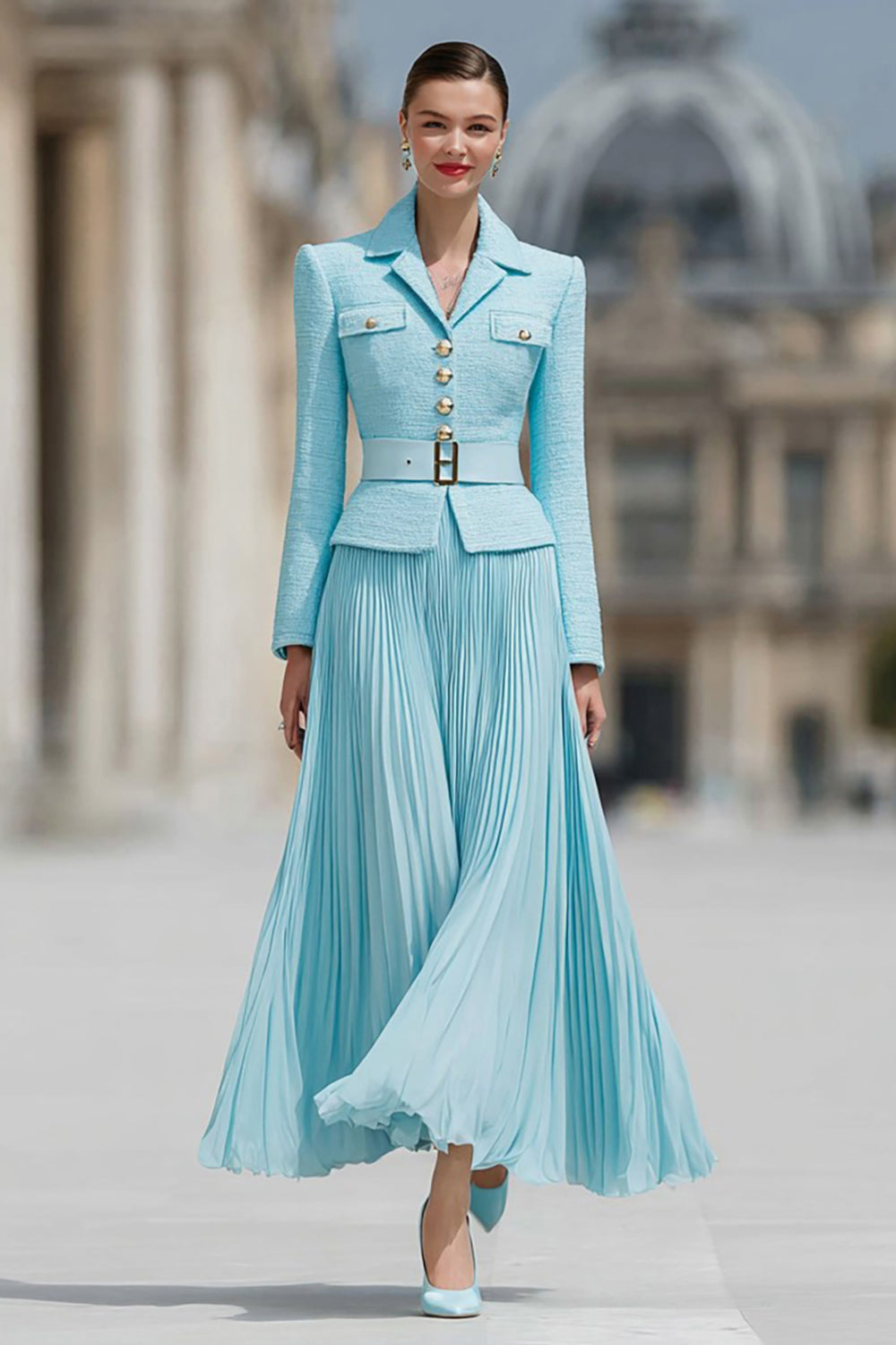 Robe de travail plissée ligne A, revers cranté, 2 pièces bleu clair