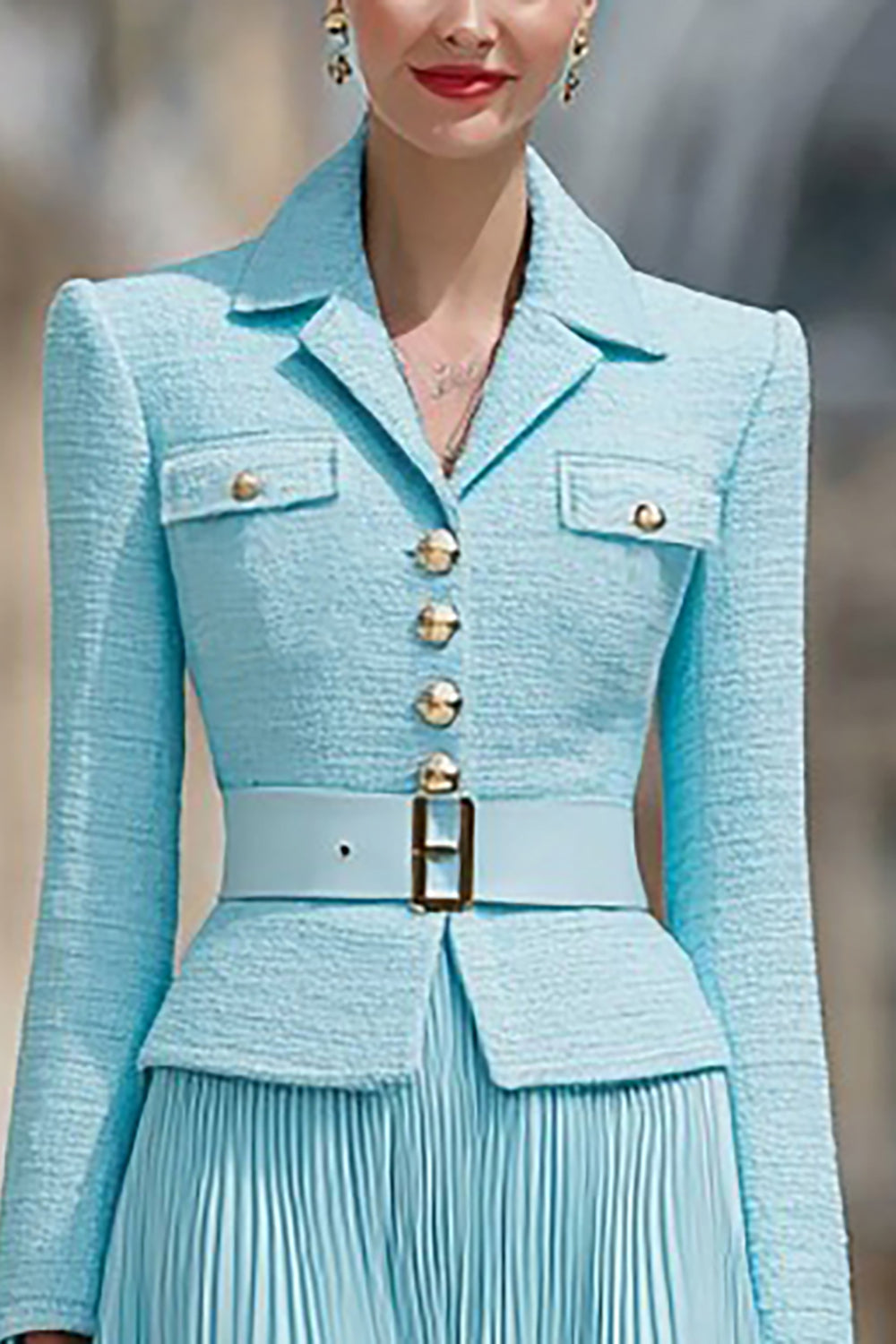 Robe de travail plissée ligne A, revers cranté, 2 pièces bleu clair