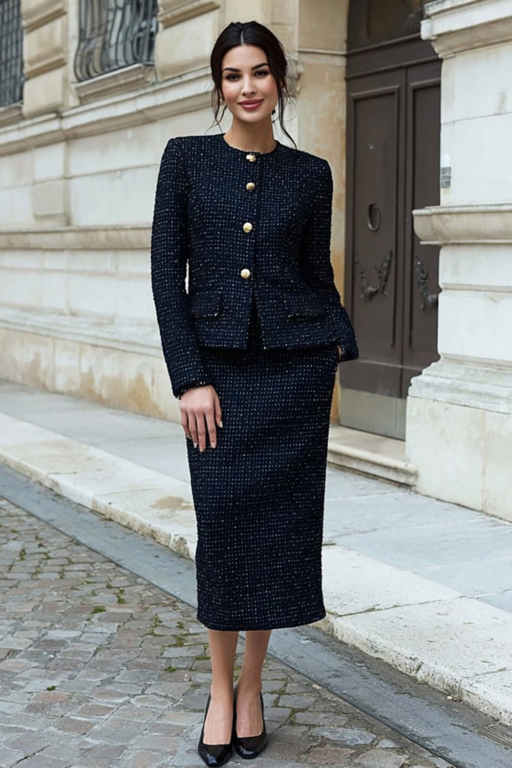 Robe de travail noire mi-longue crayon 2 pièces en tweed à manches longues