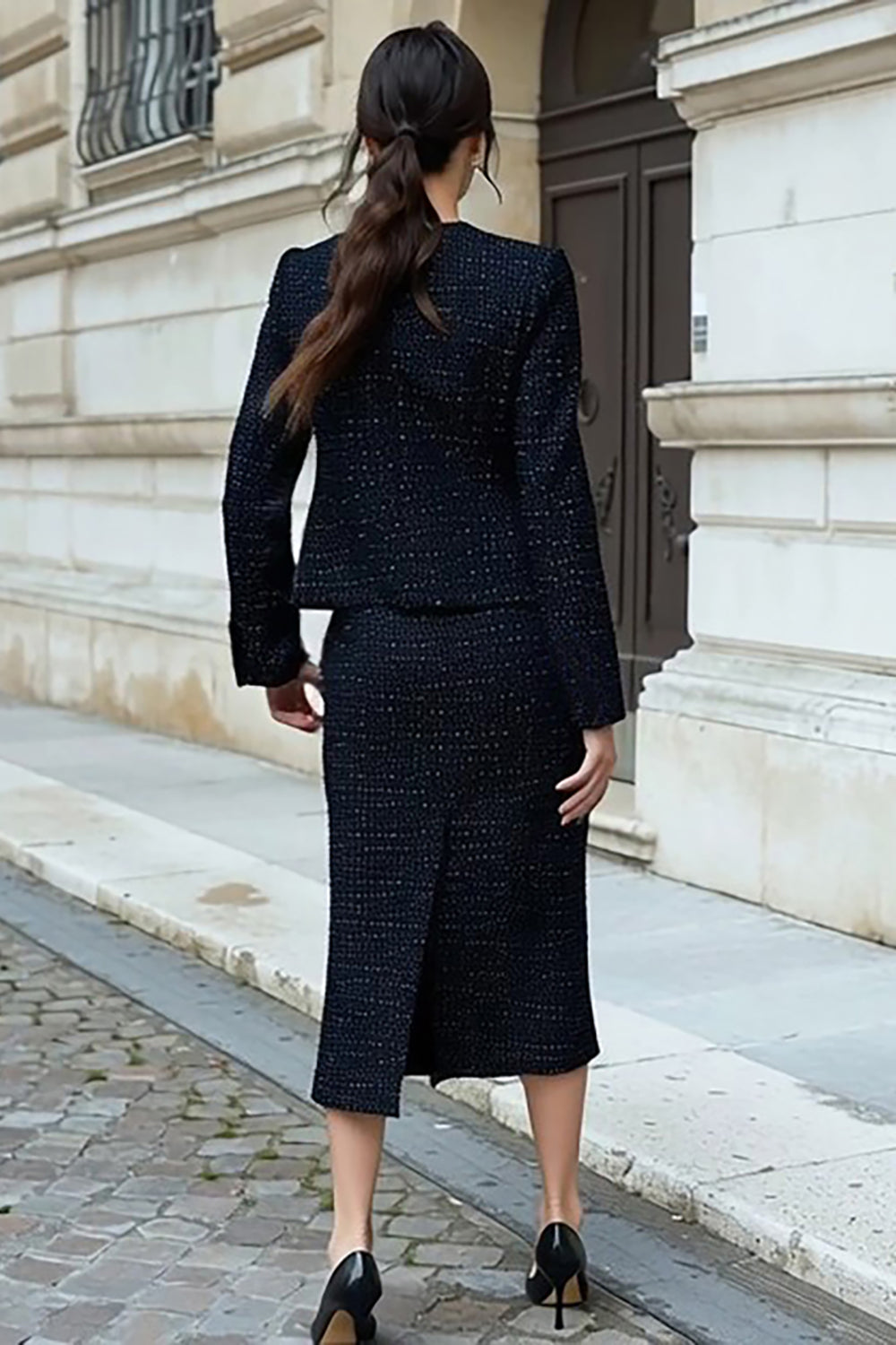 Robe de travail noire mi-longue crayon 2 pièces en tweed à manches longues