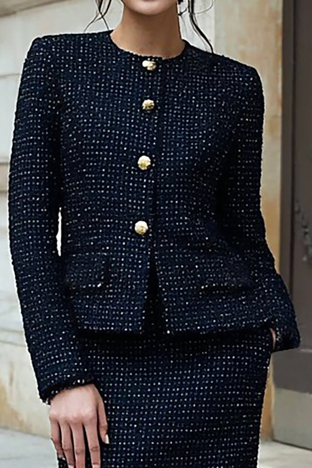 Robe de travail noire mi-longue crayon 2 pièces en tweed à manches longues