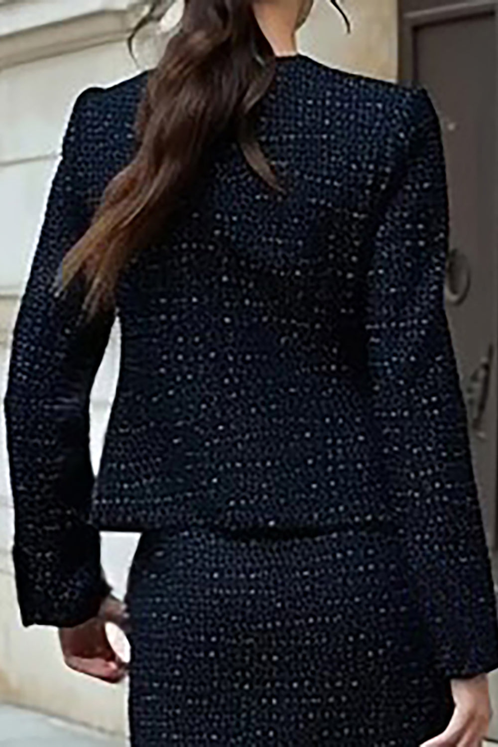 Robe de travail noire mi-longue crayon 2 pièces en tweed à manches longues