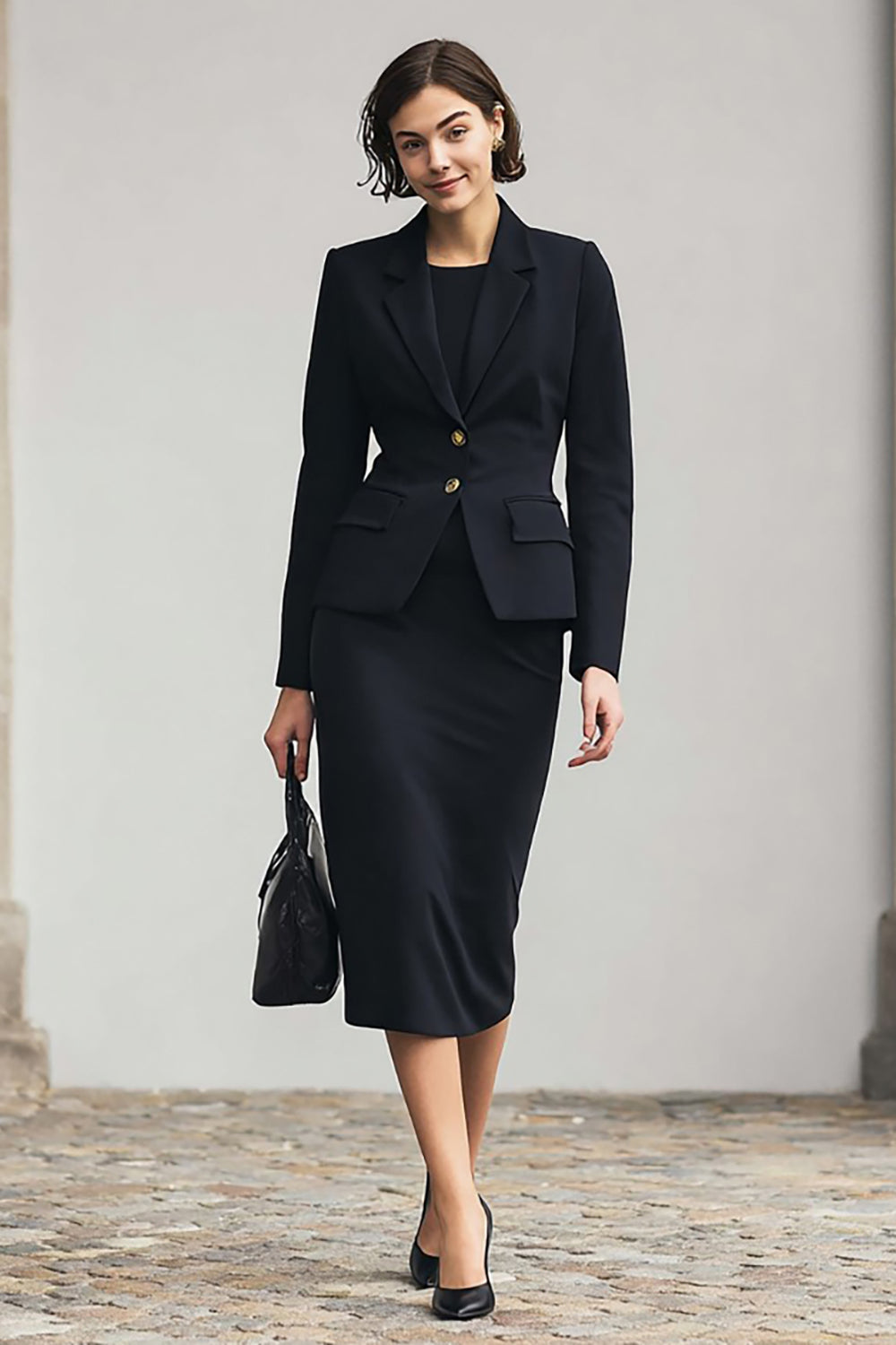 Black 2 Piece Notched Lapel Pencil Midi Work Dress