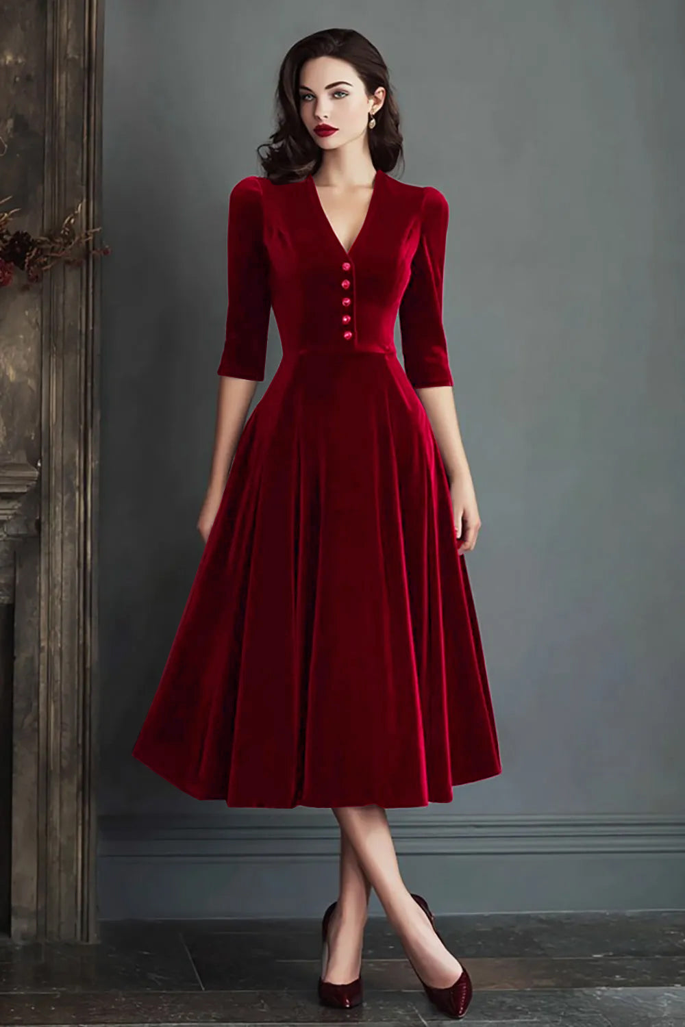 Burgundy A-Line Velvet V-Neck Work Dress with Half Sleeves