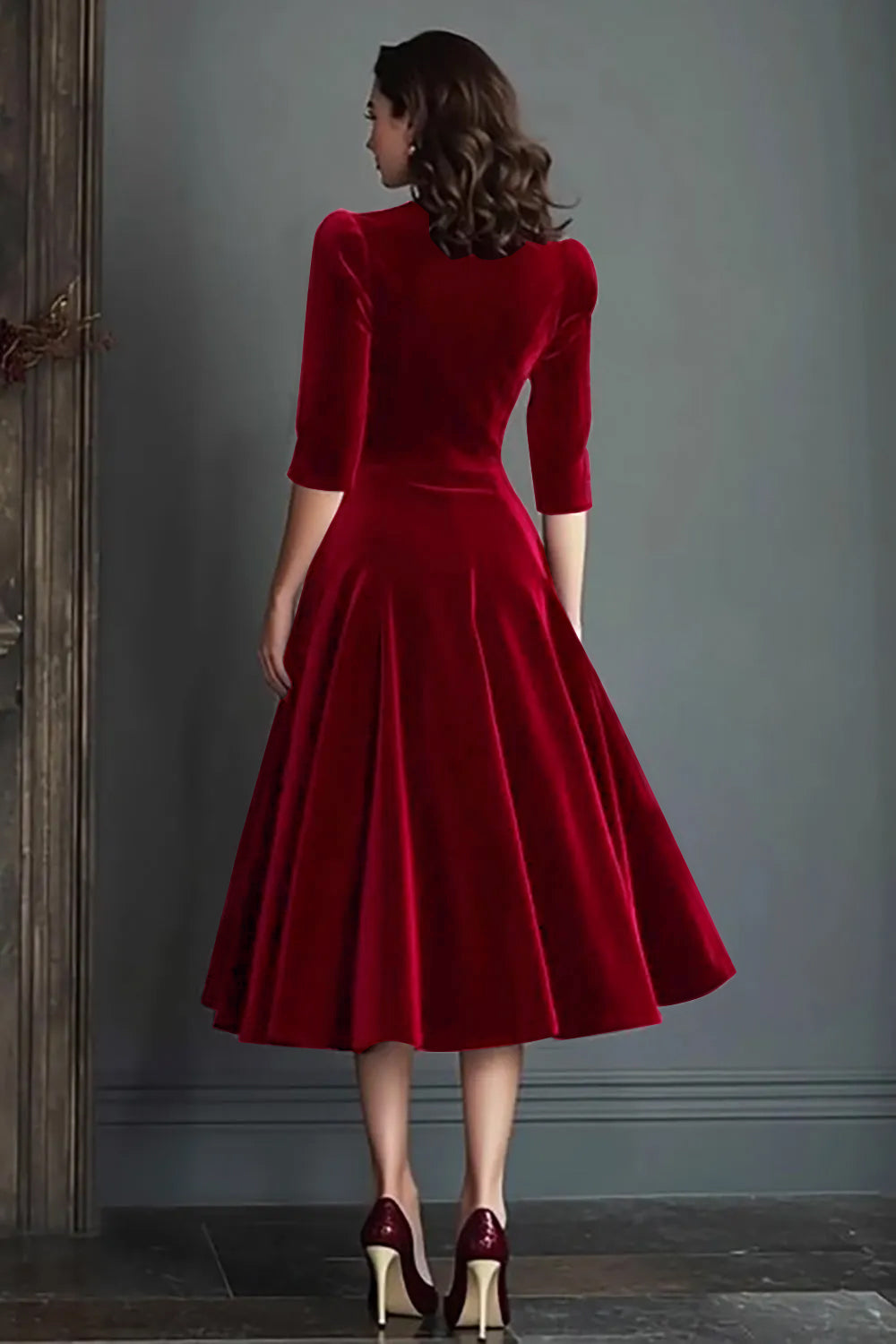 Burgundy Velvet A-Line V-Neck Midi Work Dress with Half Sleeves