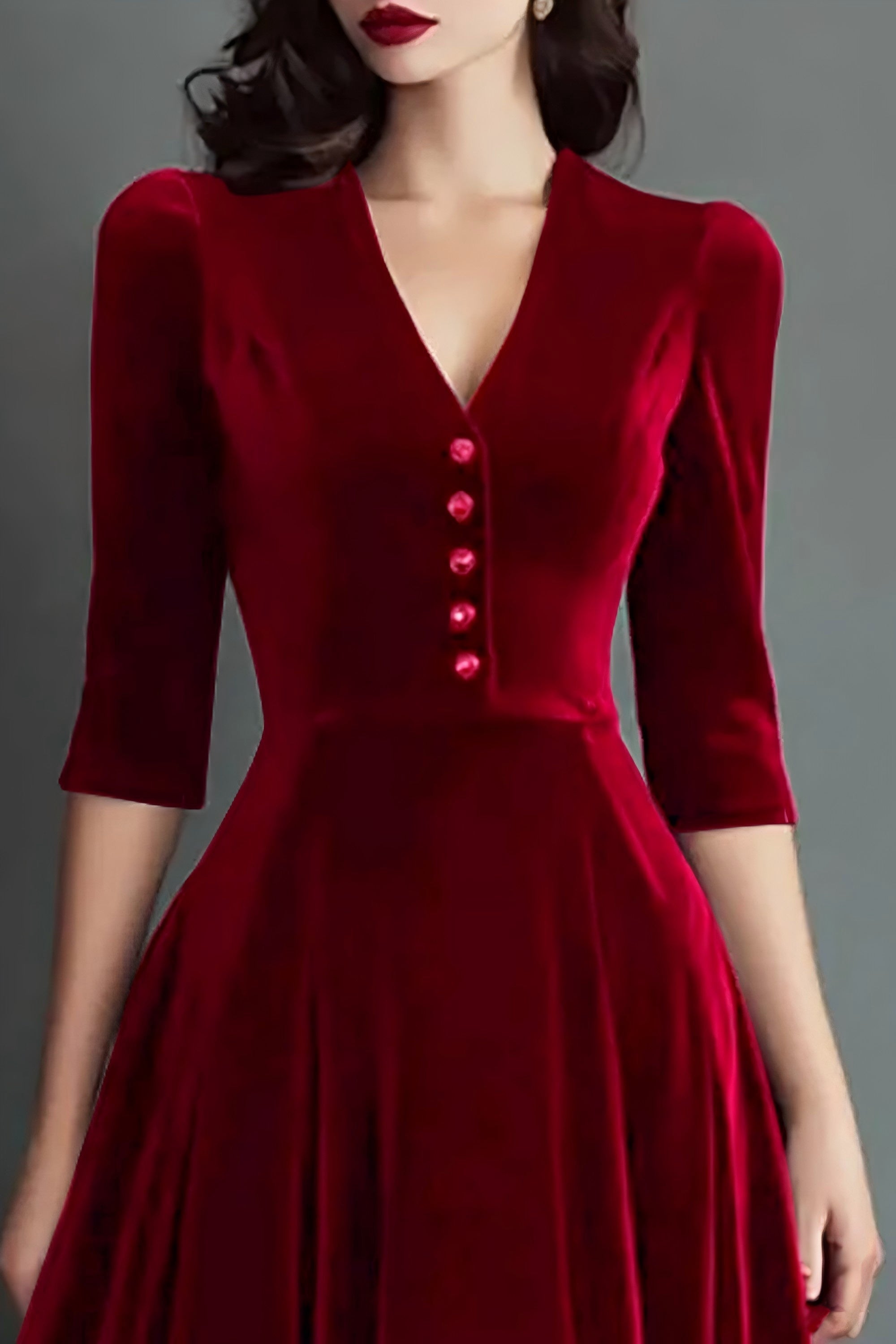 Burgundy A-Line Velvet V-Neck Work Dress with Half Sleeves