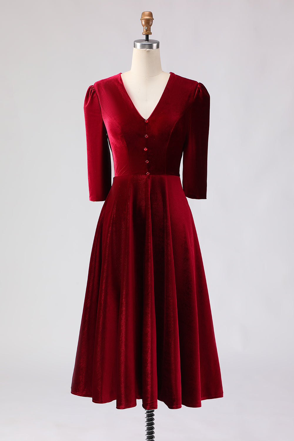 Burgundy A-Line Velvet V-Neck Work Dress with Half Sleeves