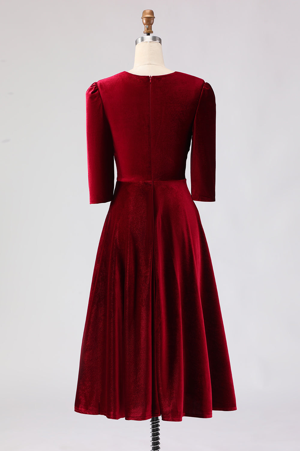 Burgundy Velvet A-Line V-Neck Midi Work Dress with Half Sleeves