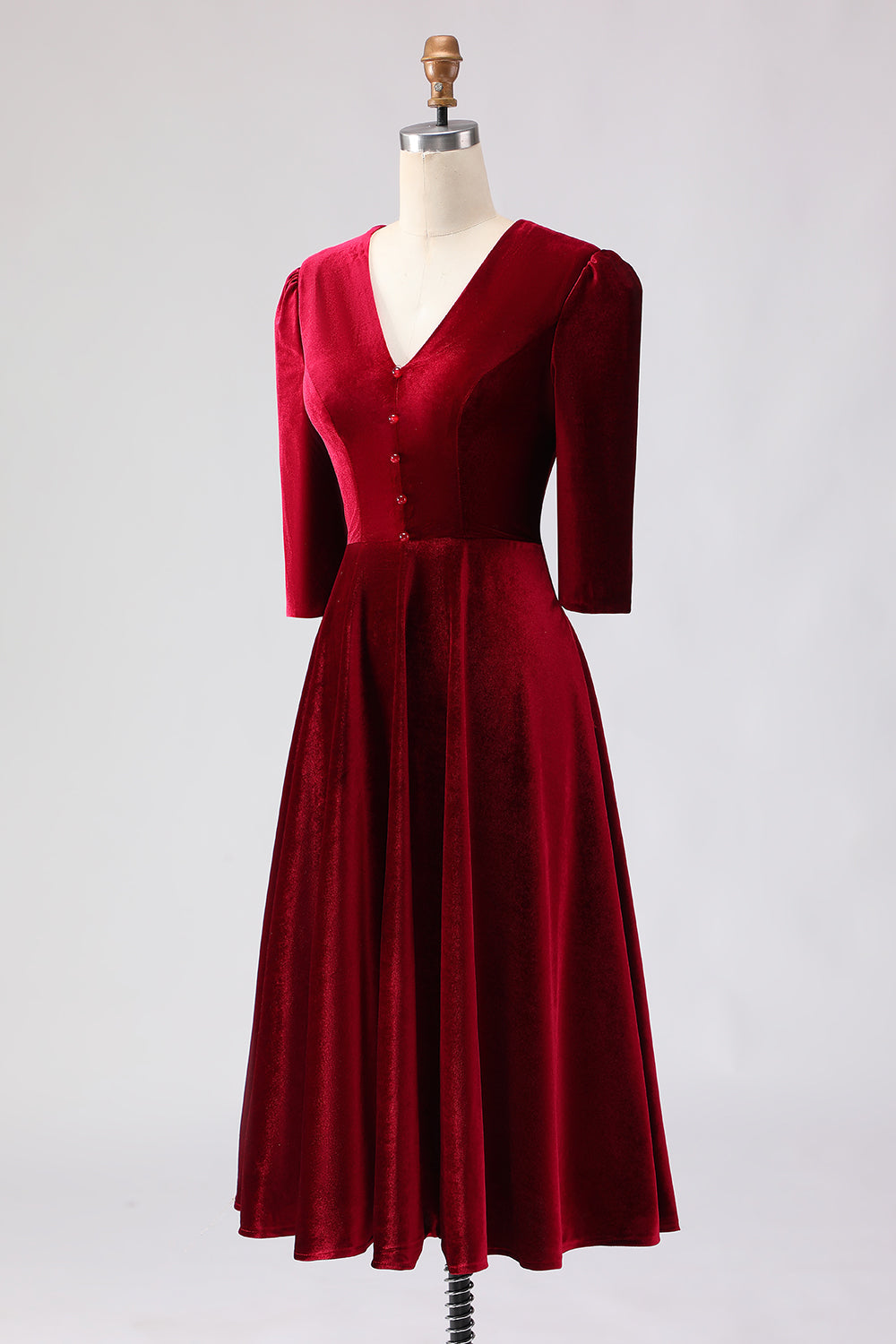 Burgundy A-Line Velvet V-Neck Work Dress with Half Sleeves