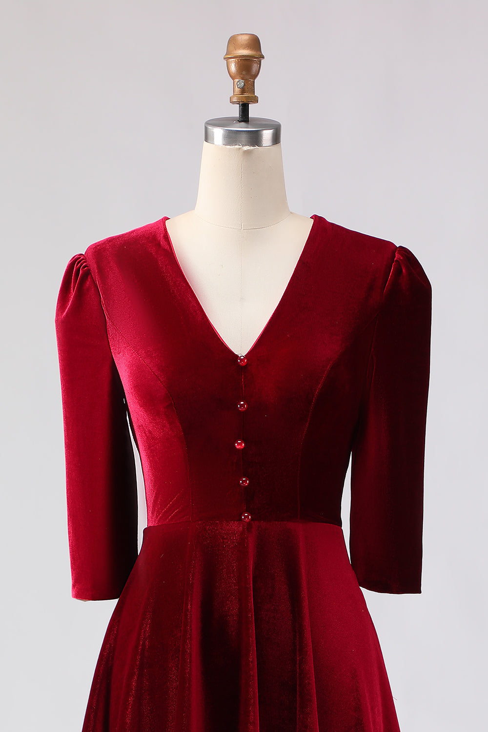 Burgundy A-Line Velvet V-Neck Work Dress with Half Sleeves