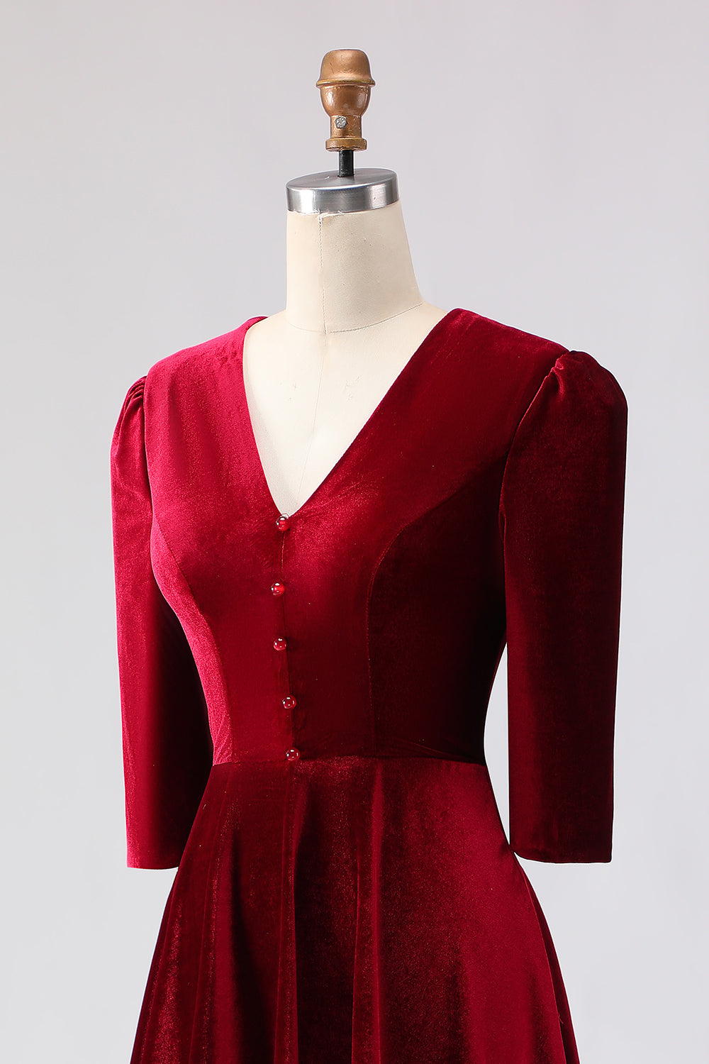 Burgundy Velvet A-Line V-Neck Midi Work Dress with Half Sleeves