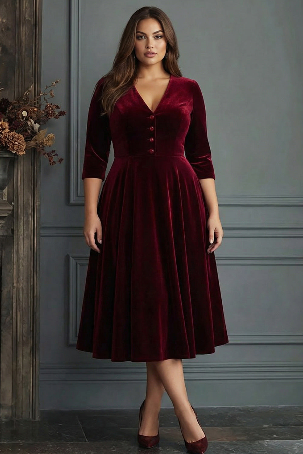 Burgundy A-Line Velvet V-Neck Work Dress with Half Sleeves