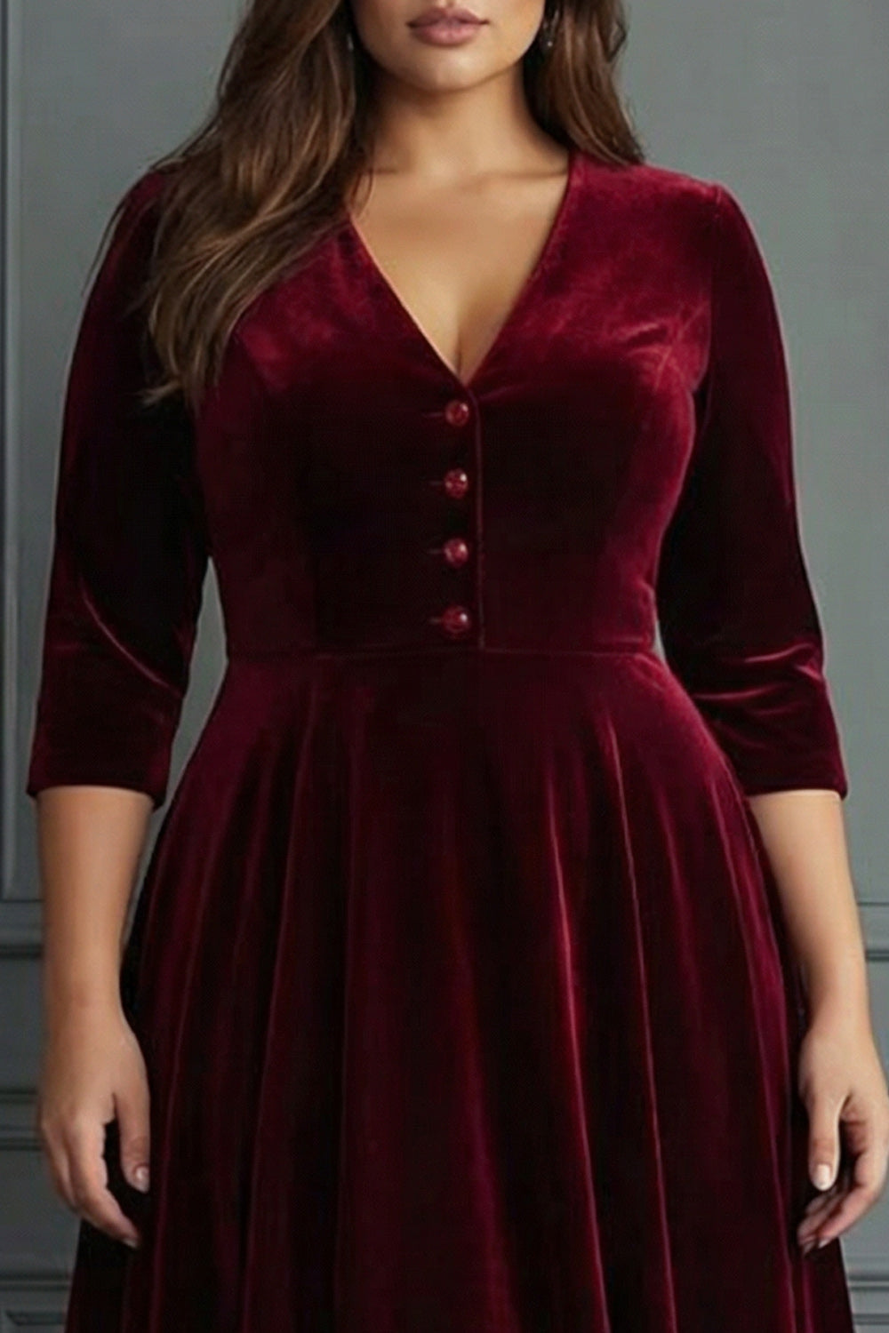 Robe de travail mi-longue évasée en velours bordeaux grande taille avec col en V et manches mi-longues