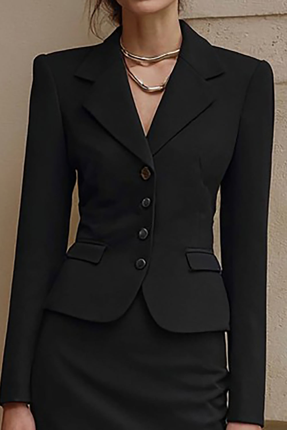 Black Notched Lapel Pencil Two-Piece Midi Work Dress