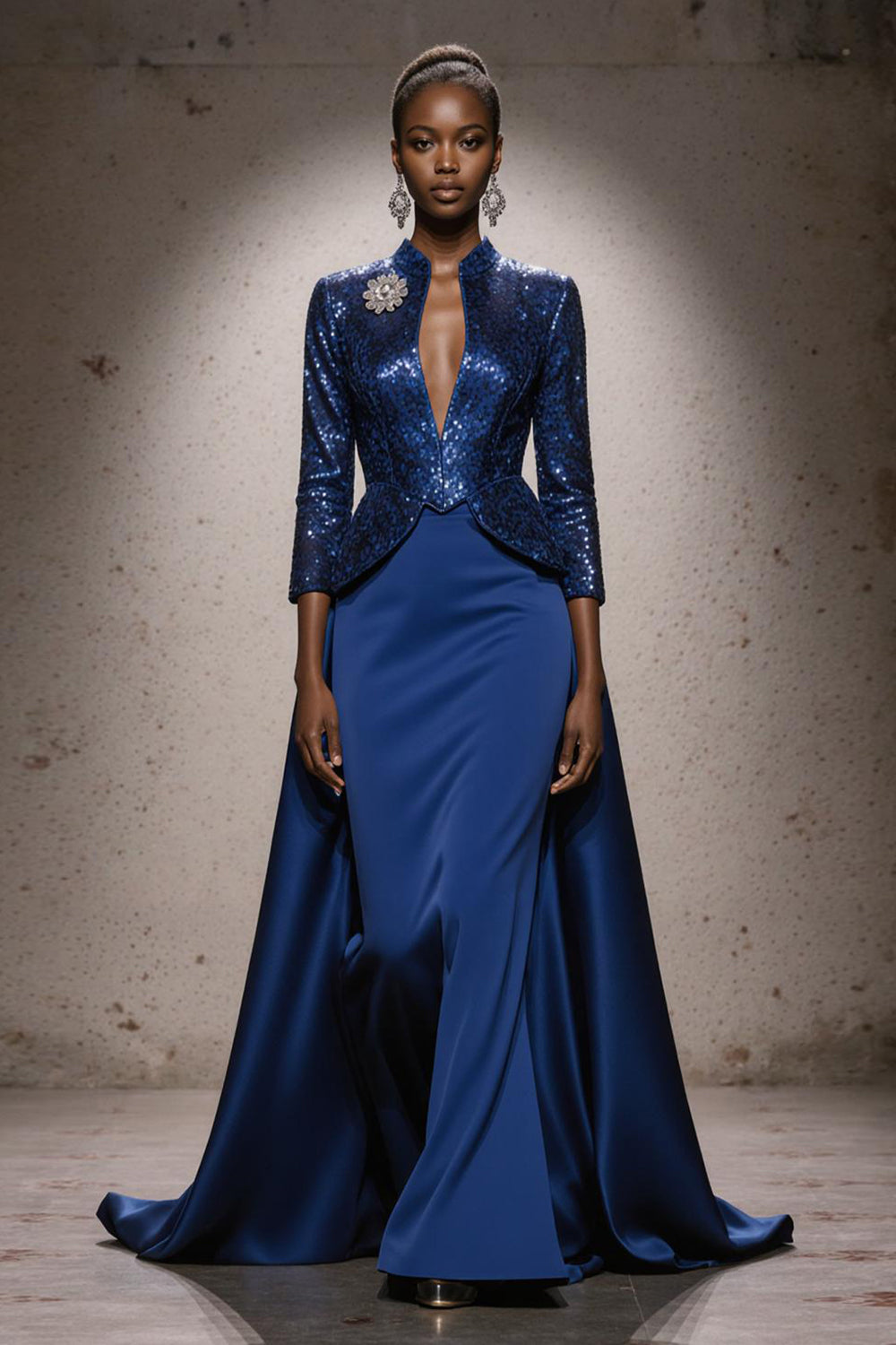 Sparkly Royal Blue High Neck Sequin Mermaid Long Pageant Dress with Cape