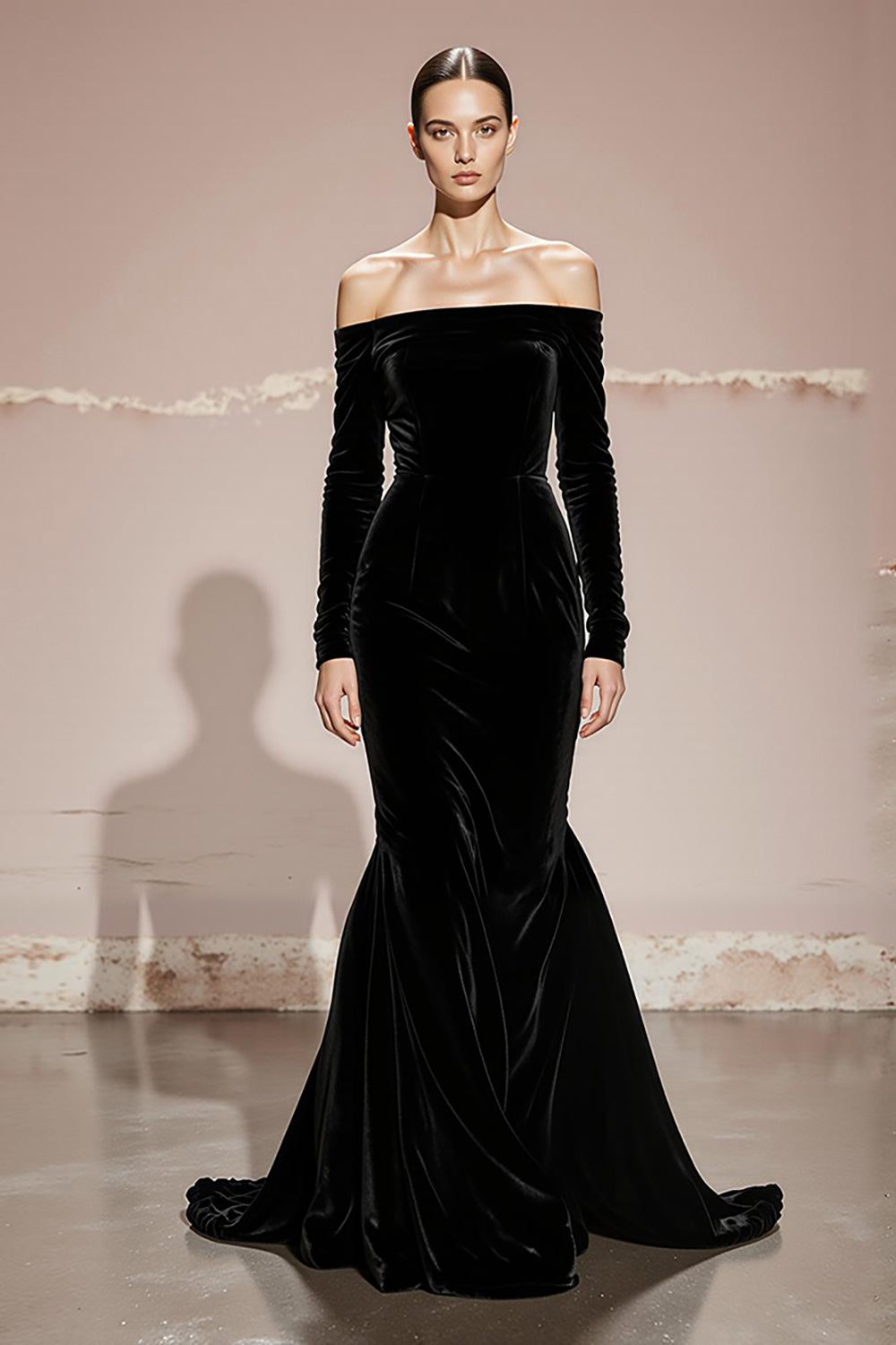 Black Mermaid Off the Shoulder Velvet Long Evening Dress