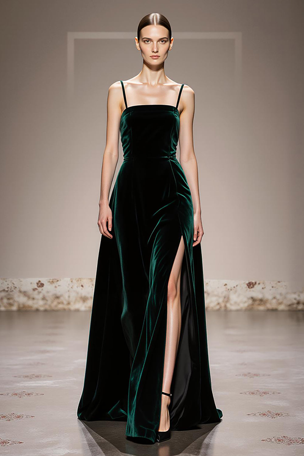 A-Line Dark Green Velvet Evening Dress with Slit