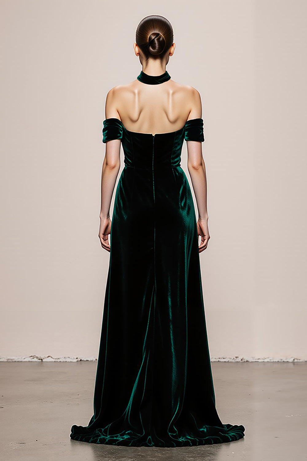 Dark Green A-Line Halter Velvet Long Evening Dress with Slit